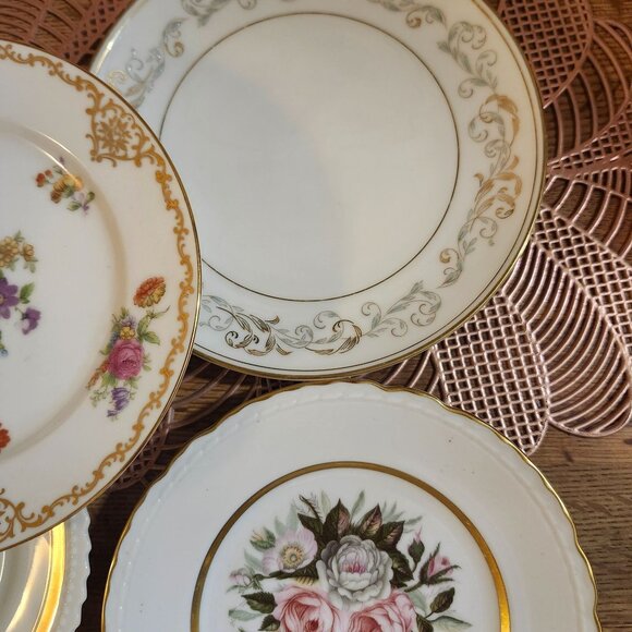 4- Mismatched Floral ~6.25" Fine China Dessert Cake Plates Gold Accents Porcelai - Picture 3 of 6